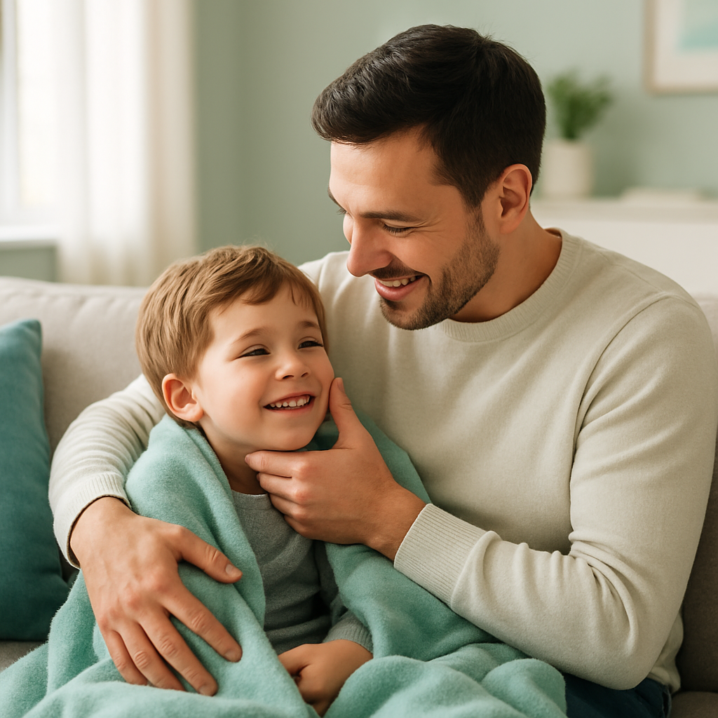 A father caring for his young child wrapped in a blanket