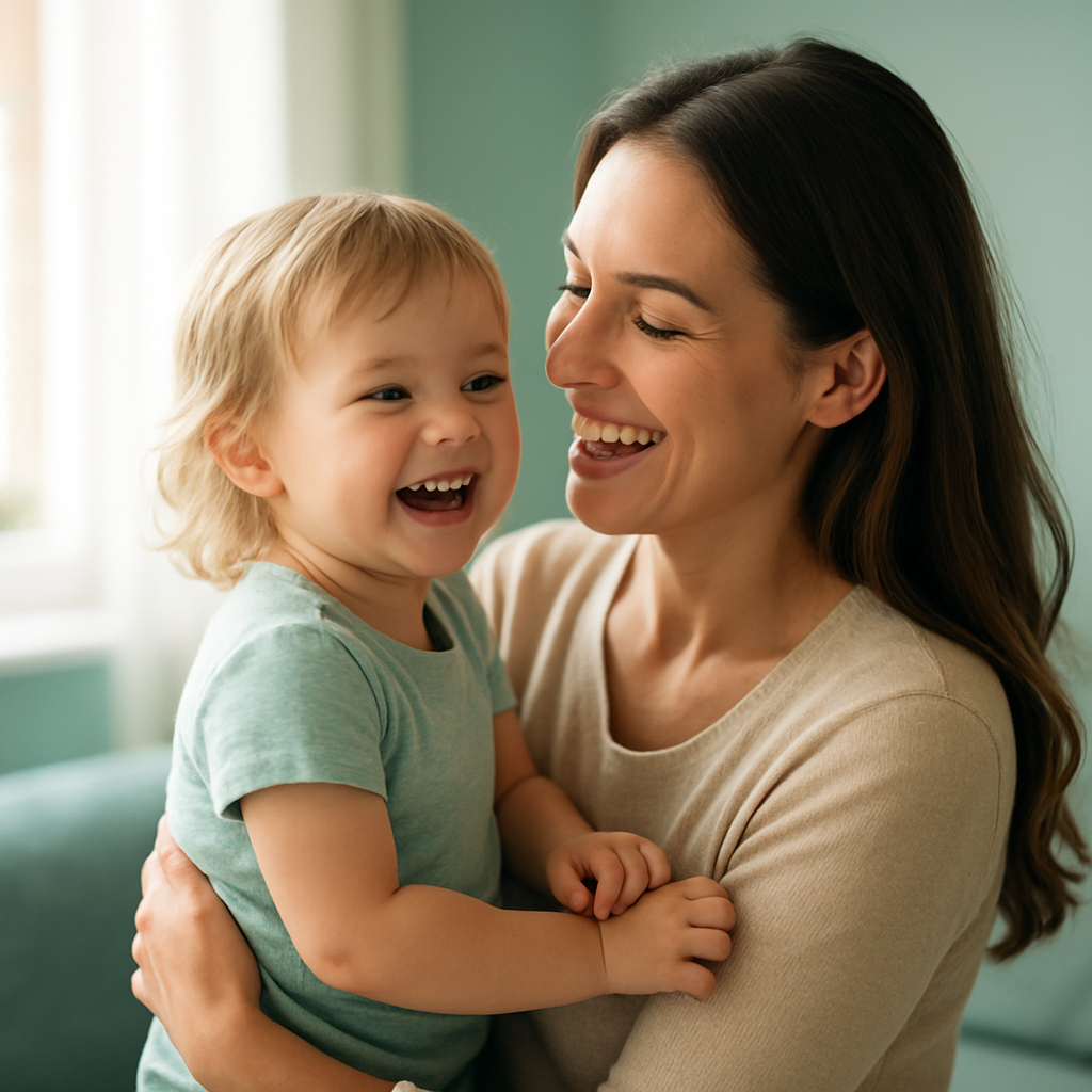 A mother holding and laughing with her healthy toddler